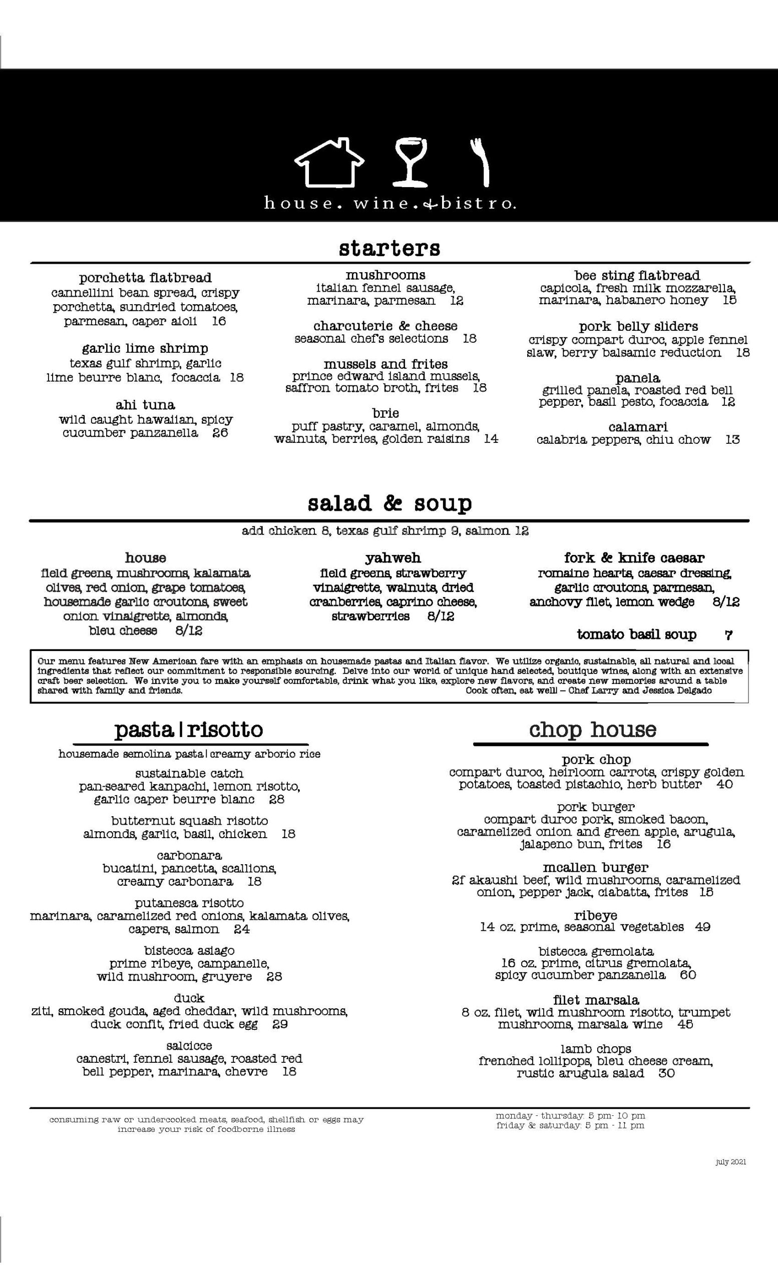 HWB FOOD paper menu house. wine. & bistro.