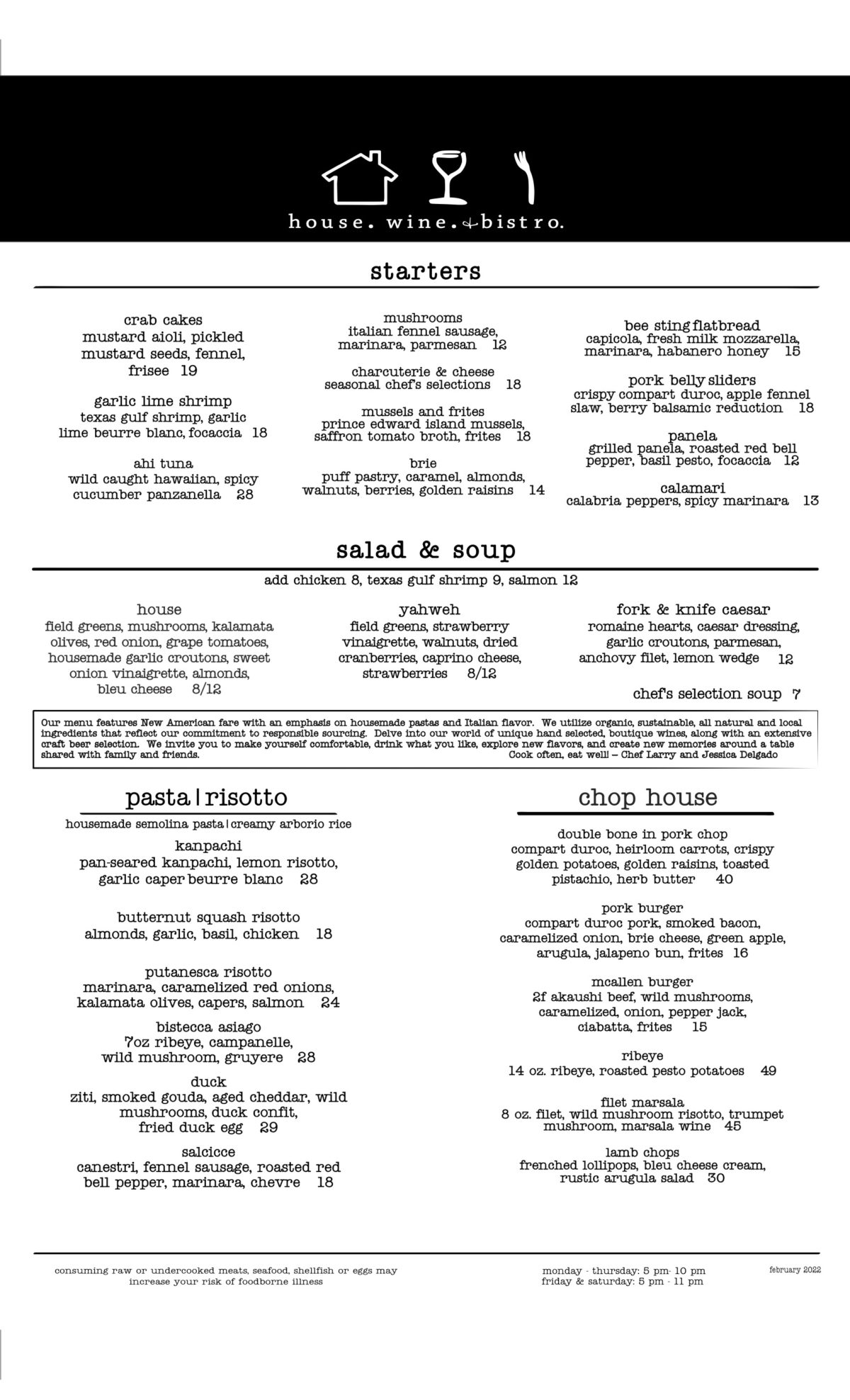 Current Food Menu House Wine Bistro 