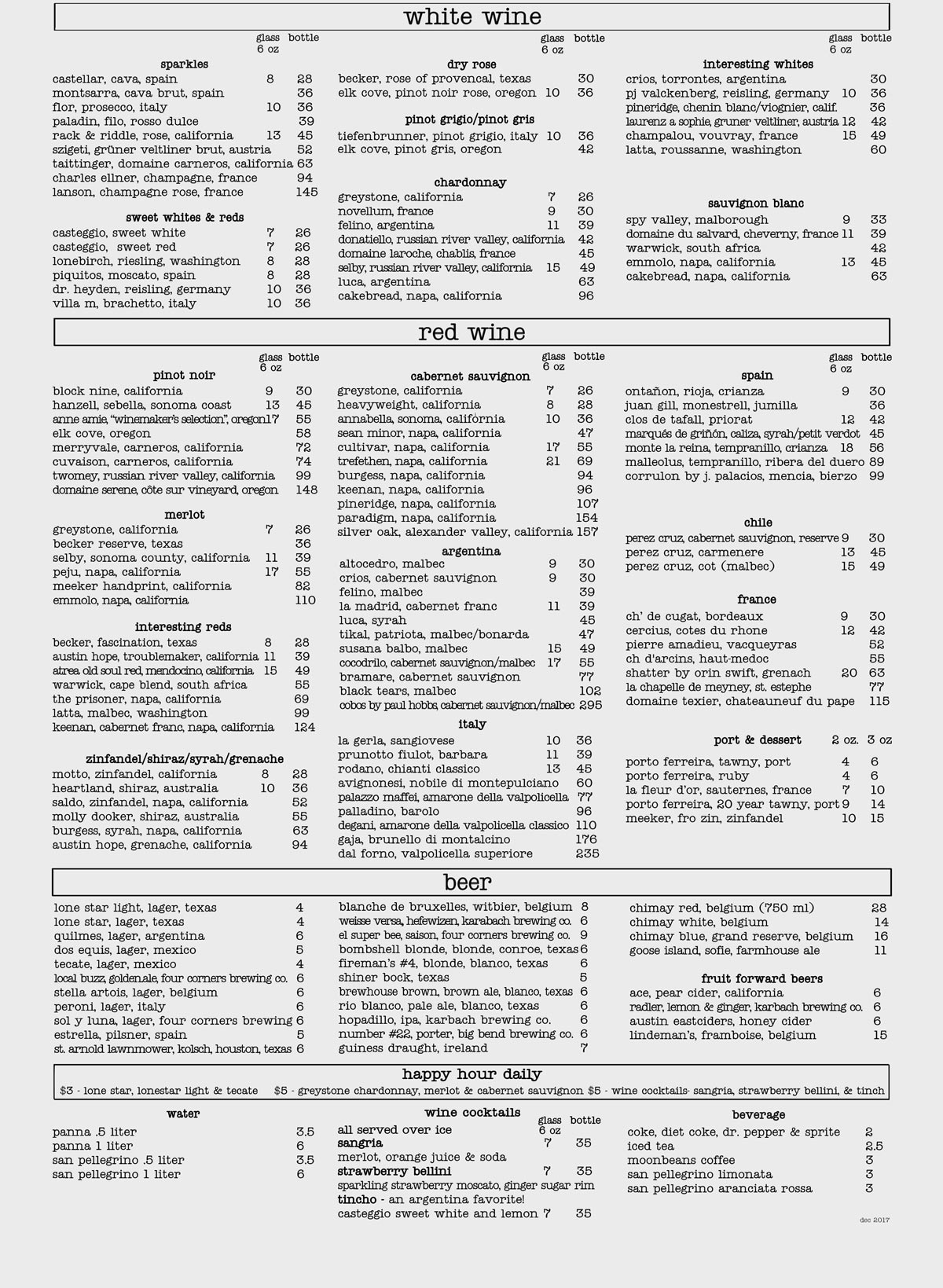 Beverage Menu house. wine. & bistro.